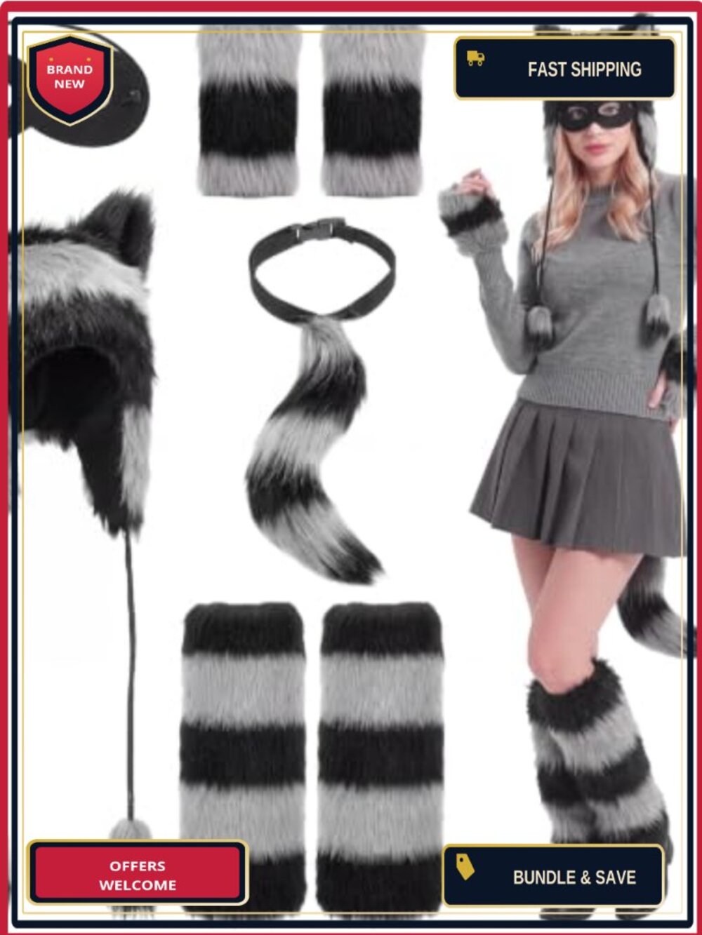 Raccoon Costume Accessory Set 5 Pc Ear Hat Tail Mask Gloves Leg Warmers Cosplay